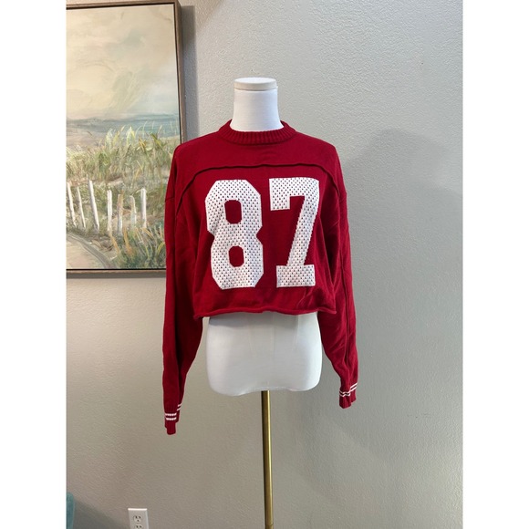 Orange Kiss Essentials Sweaters - Orange Kiss Red 87 Cropped Varsity Sweater M Y2K Sporty Preppy Knit